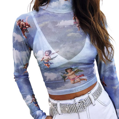 Floral Cherub Mesh Long Sleeve Crop Top