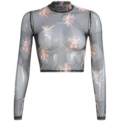 Floral Cherub Mesh Long Sleeve Crop Top