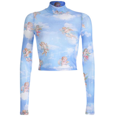 Floral Cherub Mesh Long Sleeve Crop Top