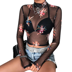Floral Cherub Mesh Long Sleeve Crop Top