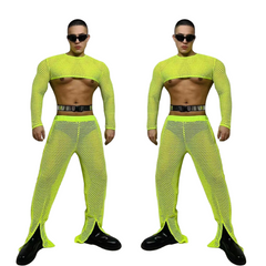 Fluorescent Green Fishnet See-Through Bodysuit Set