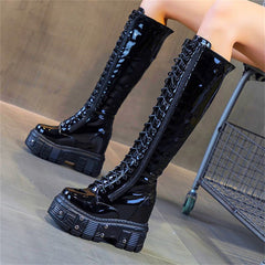 Genuine Leather Knee High Platform Wedge Boots