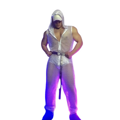 Hooded Fishnet See-Through Zipper Sleeveless Jumpsuit