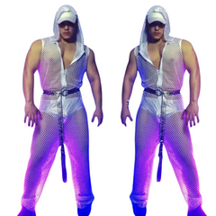 Hooded Fishnet See-Through Zipper Sleeveless Jumpsuit