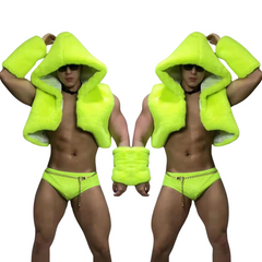 Men's Fluorescent Green Faux Fur Vest Set