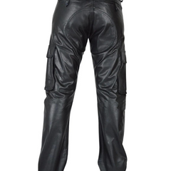 PU Leather Patch Pockets Black Straight Pants