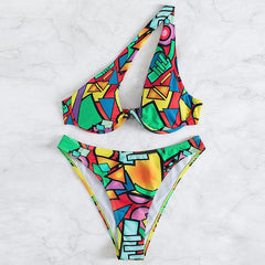 Abstract One Shoulder High Cut Bikini Set