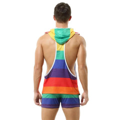 Rainbow Striped Hooded Tank Top Shorts Two-Piece Set