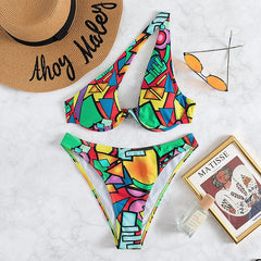 Abstract One Shoulder High Cut Bikini Set