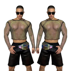 Sexy Rainbow Rhinestone Mesh Hoodie Set