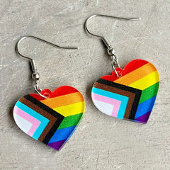 Progress Pride Heart Acrylic Dangle Earrings