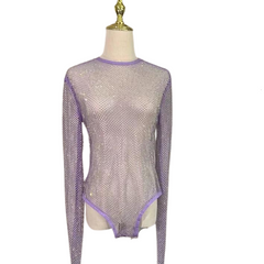 Women's Rhinestone Fishnet See-Through Sexy Bodysuit