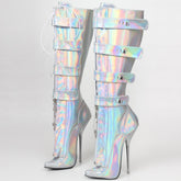 Neon Silver Mid Calf Heel Boots