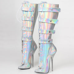Neon Silver Mid Calf Heel Boots