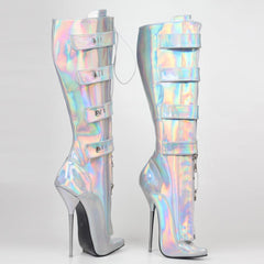 Neon Silver Mid Calf Heel Boots