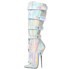 Neon Silver Mid Calf Heel Boots