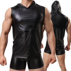Leather Mens Tank Top With Hood + Sexy Shorts