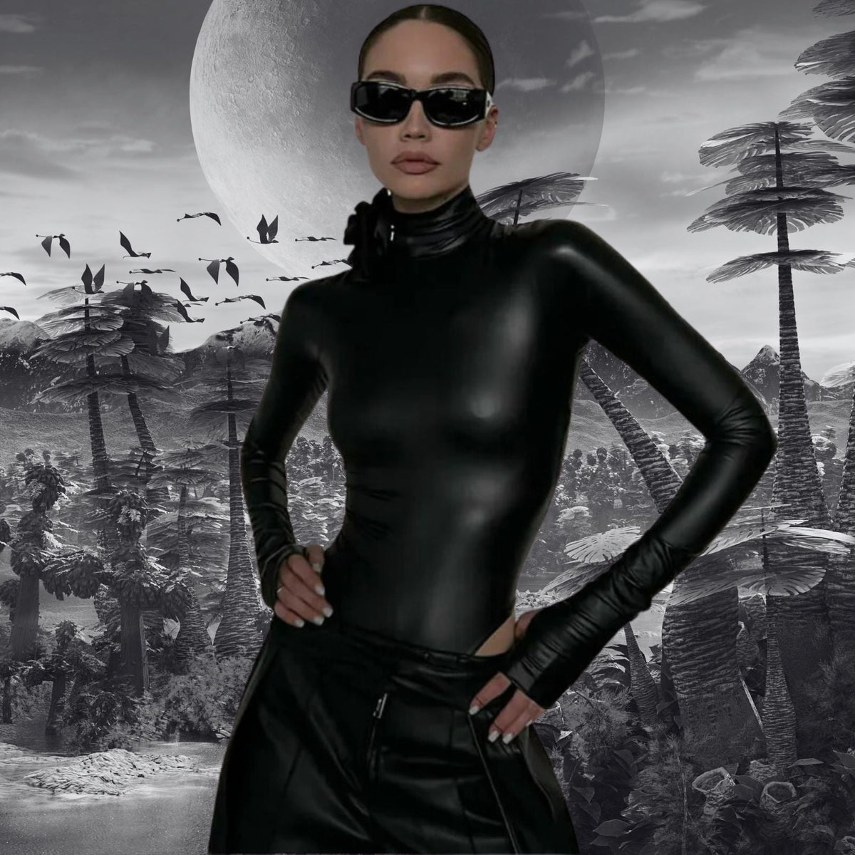 Black Widow Floral-Appliqué Bodysuit