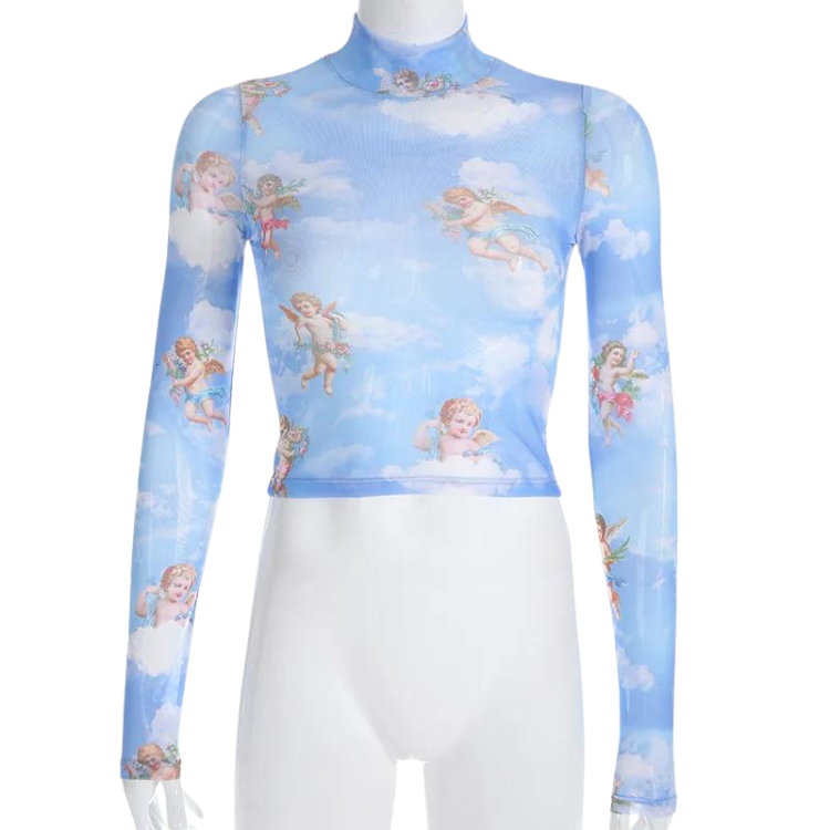 Floral Cherub Mesh Long Sleeve Crop Top