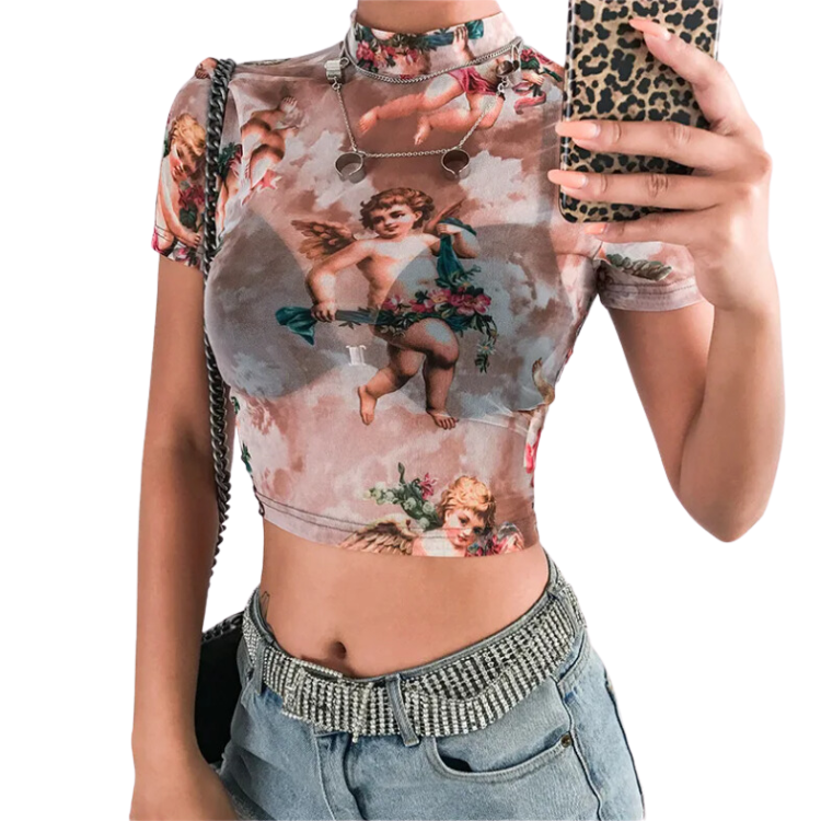 Floral Cherub Mesh Long Sleeve Crop Top
