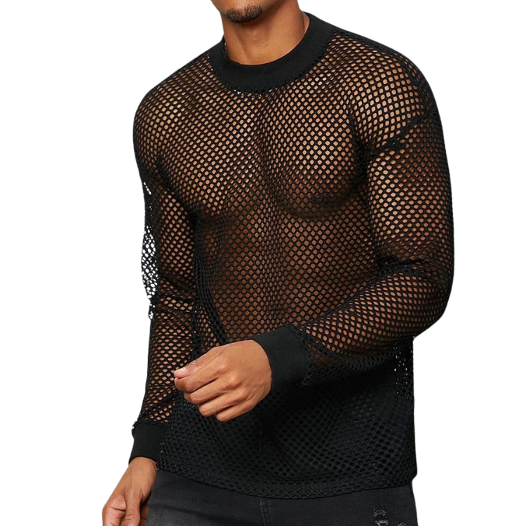 Black Mesh See-Through Long Sleeve Shirt