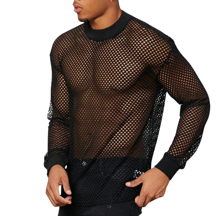 Black Mesh See-Through Long Sleeve Shirt