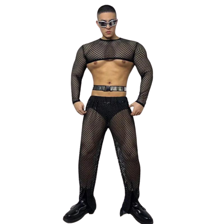 Fluorescent Green Fishnet See-Through Bodysuit Set