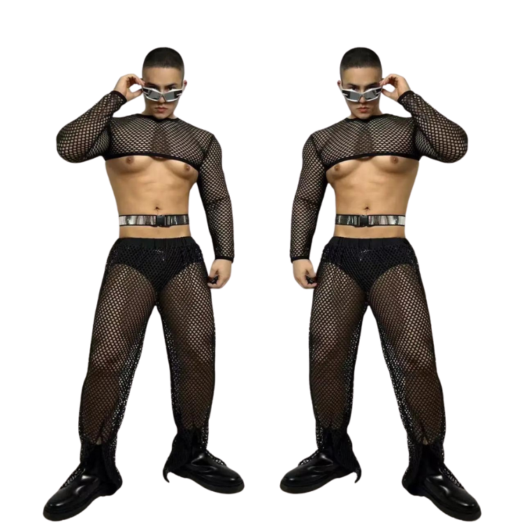Fluorescent Green Fishnet See-Through Bodysuit Set