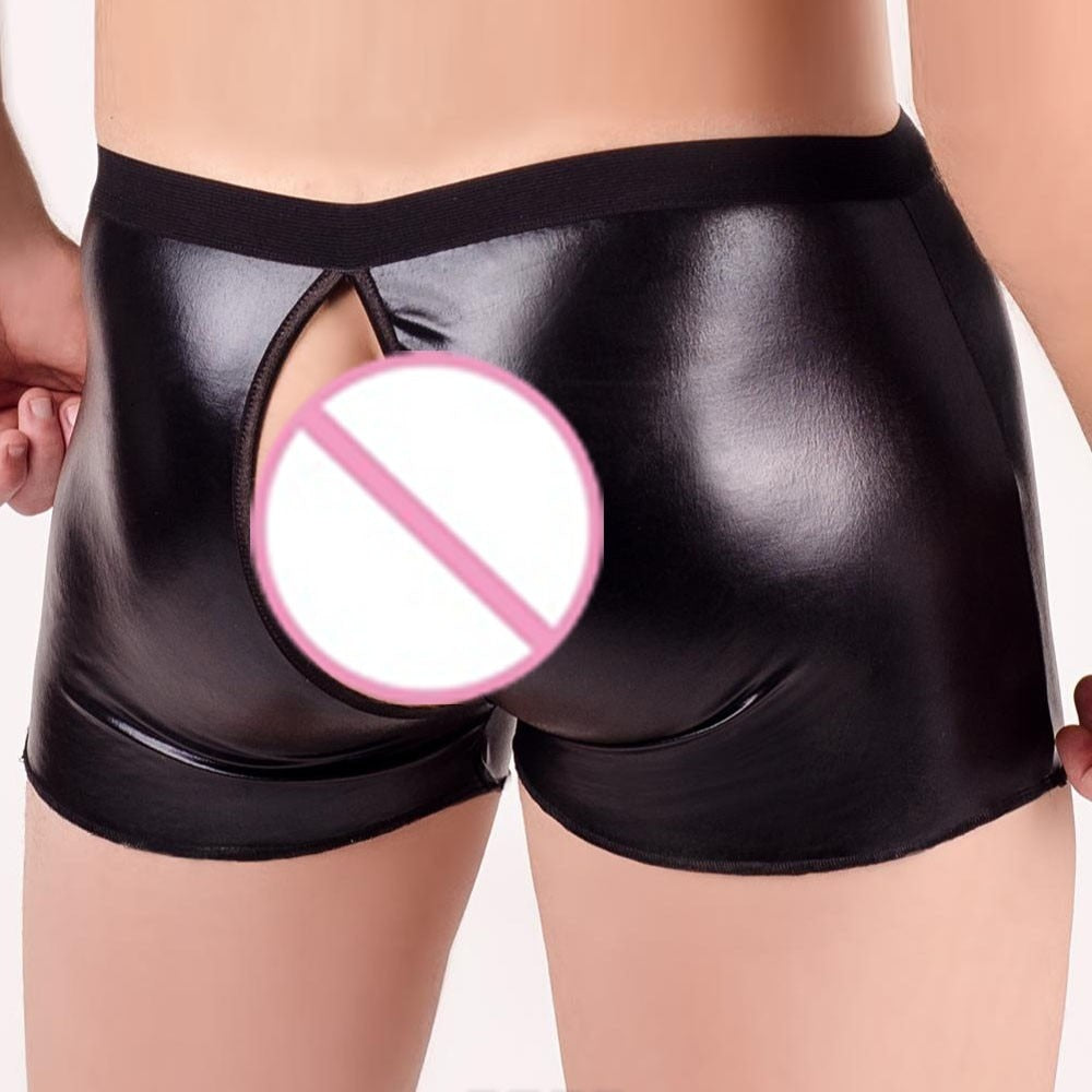 Open Crotch PU Leather Boxer Shorts