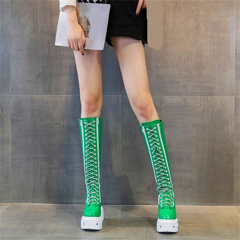 Genuine Leather Knee High Platform Wedge Boots