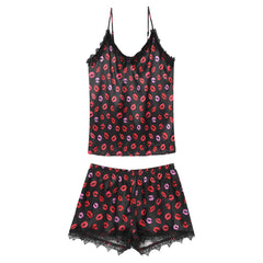 Lace Trim Lover Pajama Set With Shorts