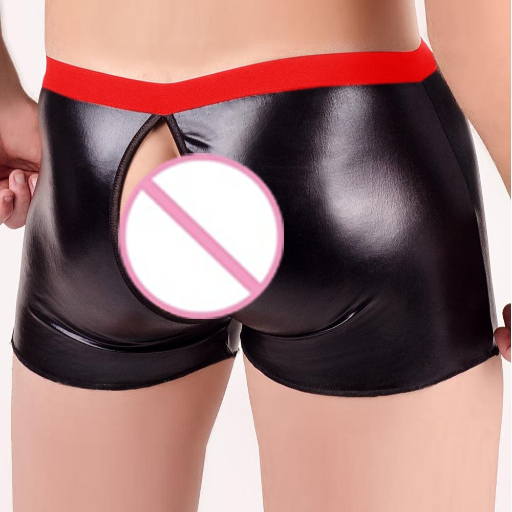 Open Crotch PU Leather Boxer Shorts