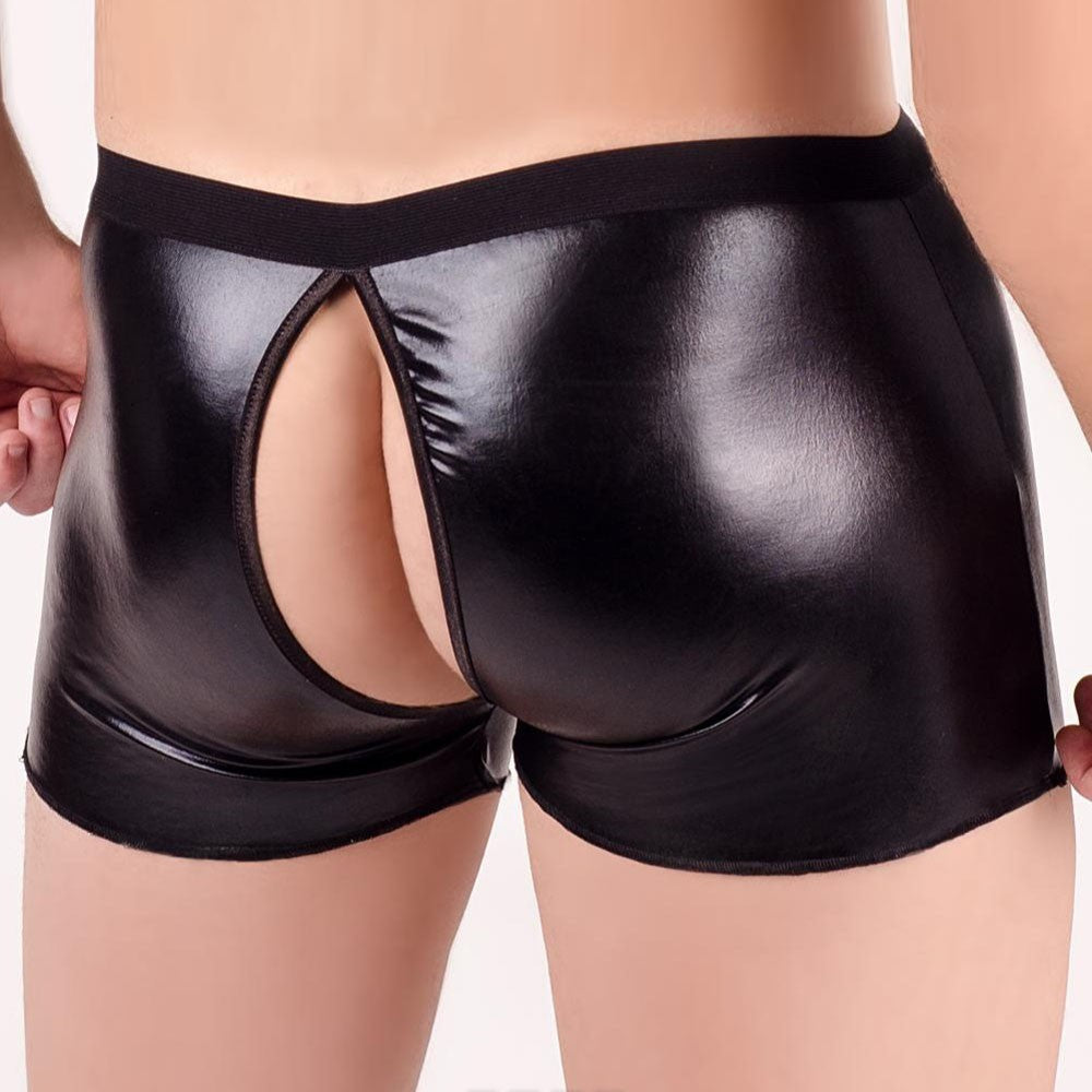 Open Crotch PU Leather Boxer Shorts