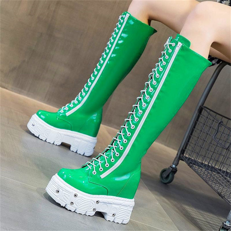 Genuine Leather Knee High Platform Wedge Boots