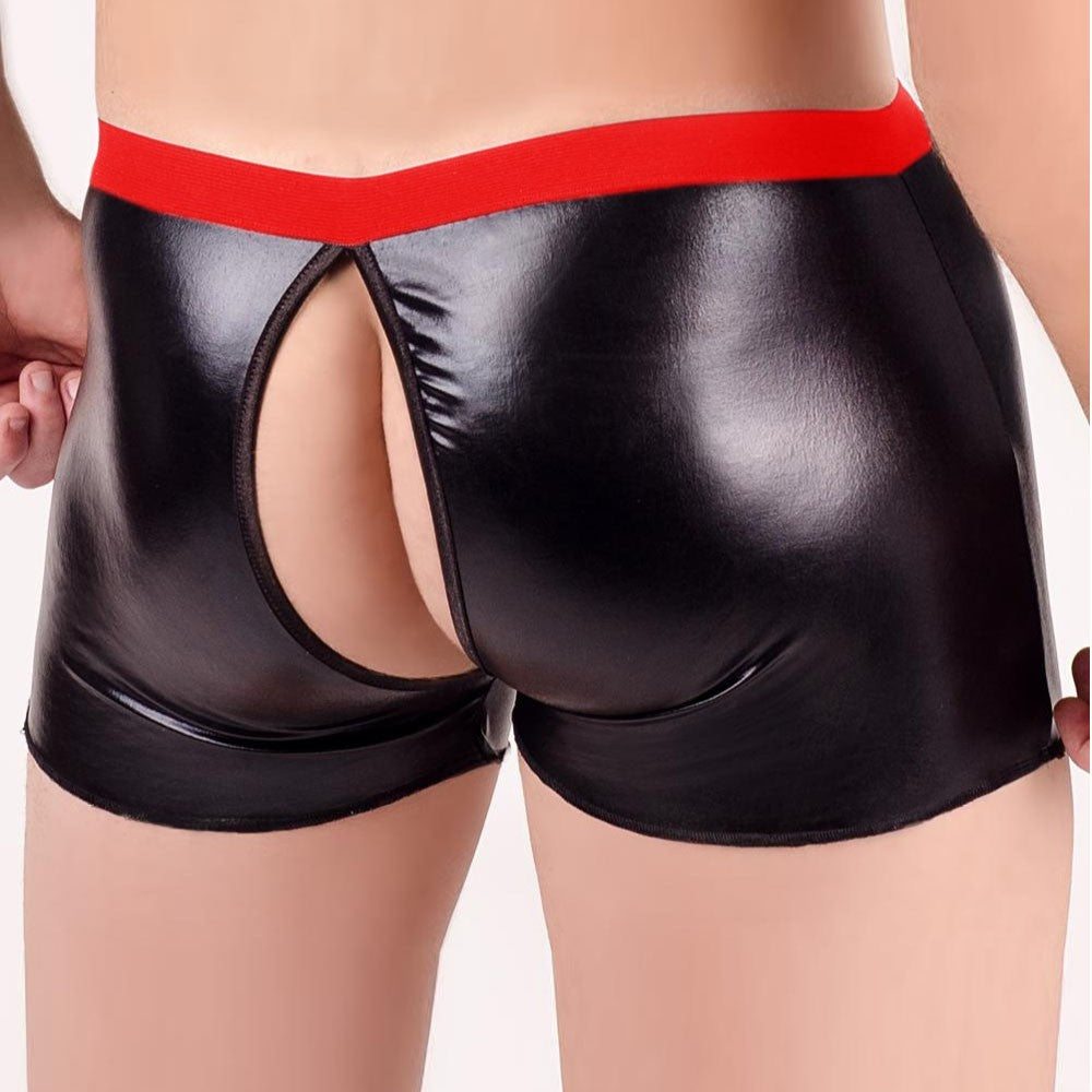 Open Crotch PU Leather Boxer Shorts