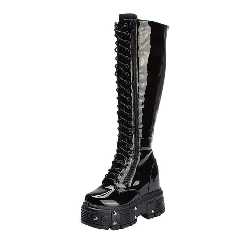 Genuine Leather Knee High Platform Wedge Boots