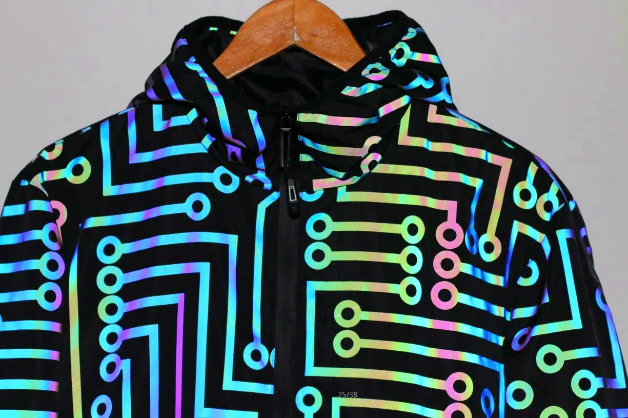 Fluorescent Circuit Reflective Festival Hoodie Jacket + Pants
