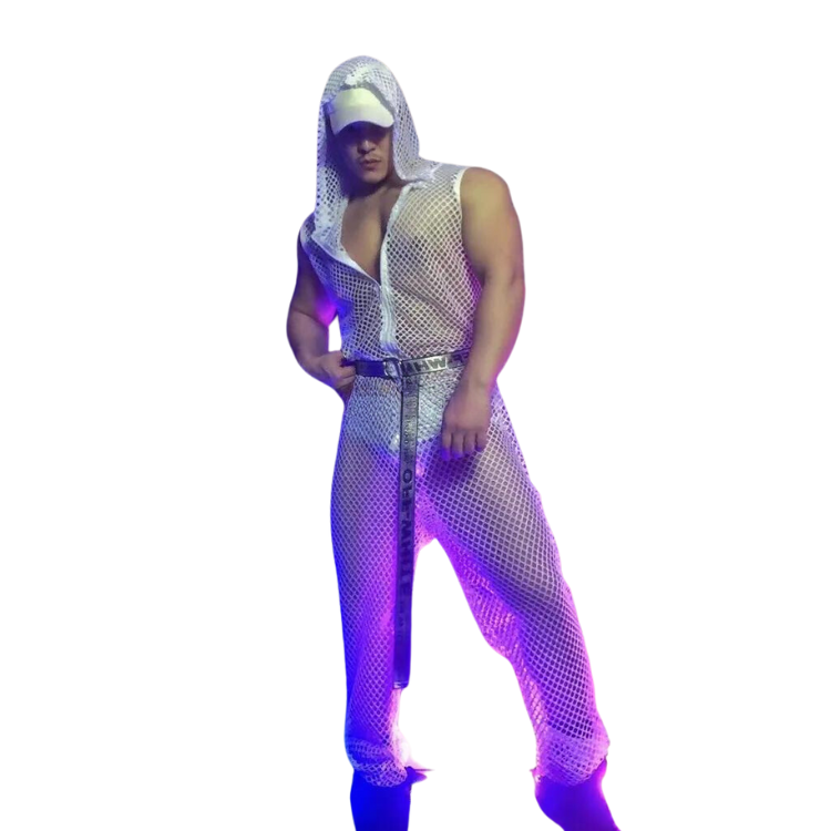 Hooded Fishnet See-Through Zipper Sleeveless Jumpsuit