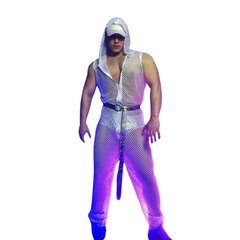 Hooded Fishnet See-Through Zipper Sleeveless Jumpsuit