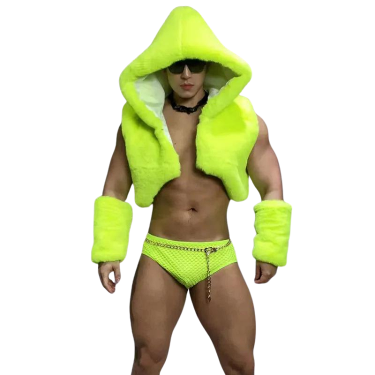 Men's Fluorescent Green Faux Fur Vest Set