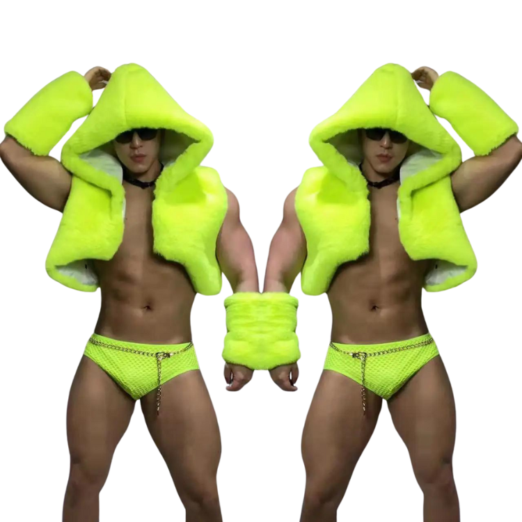 Men's Fluorescent Green Faux Fur Vest Set