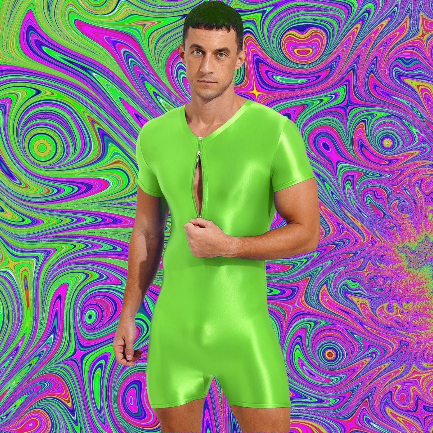 Neon Bold Glossy Zipper Men's Bodysuit