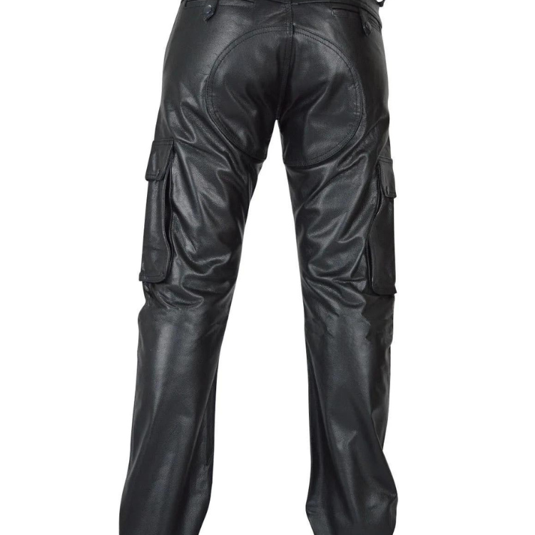 PU Leather Patch Pockets Black Straight Pants
