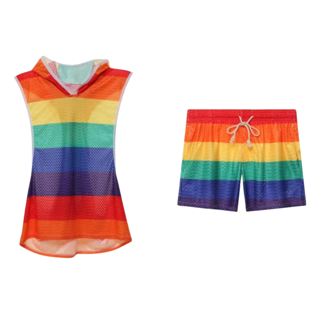 Rainbow Striped Hooded Tank Top Shorts Two-Piece Set