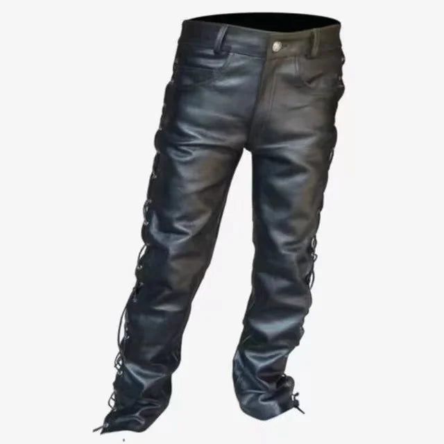 Black Lace Up PU Leather Pants