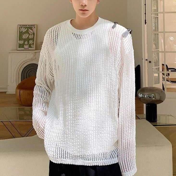 Versatile See-Through Knitted Long Sleeve Top