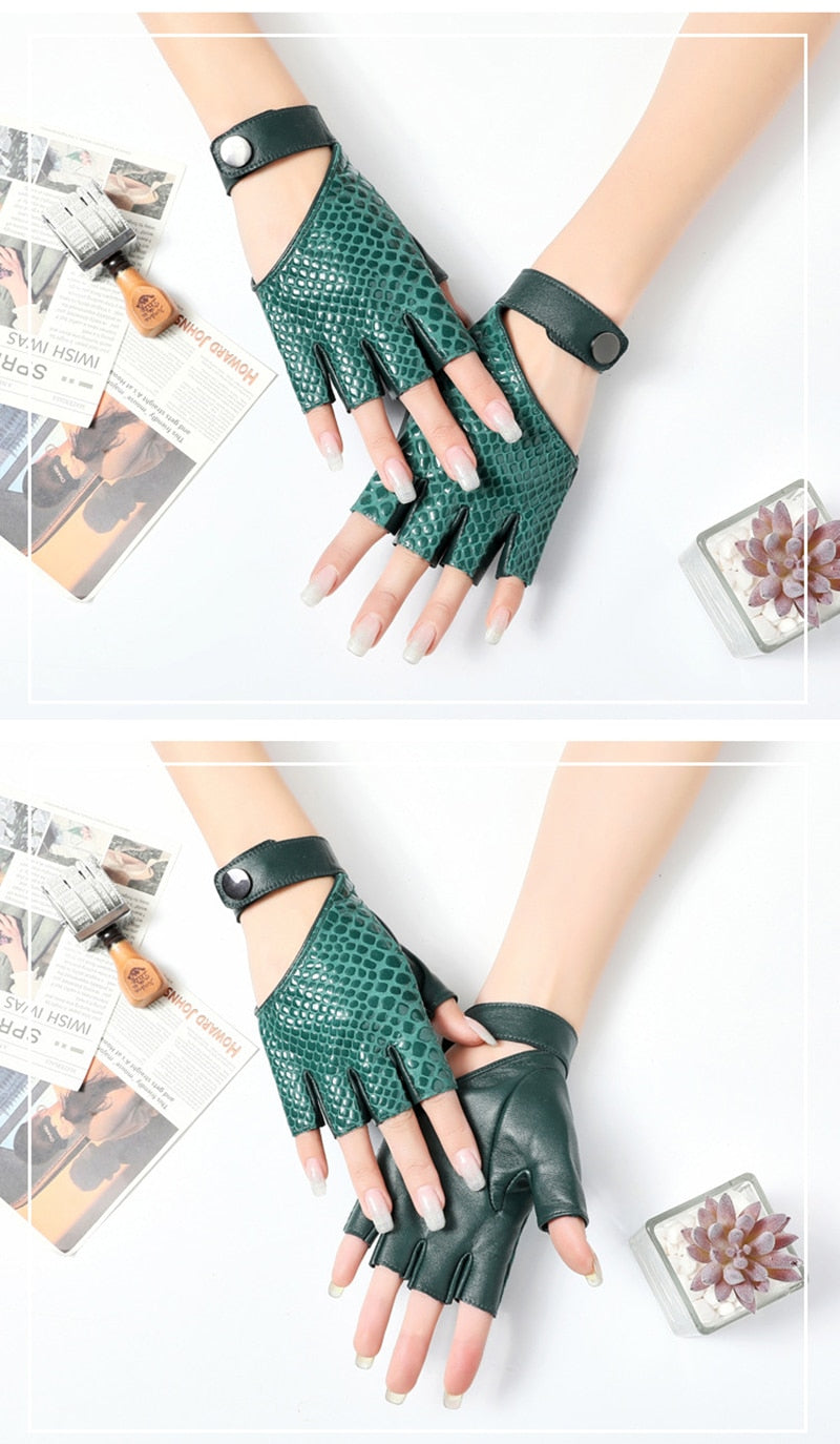 Womens Snakeskin Fingerless Leather Gloves