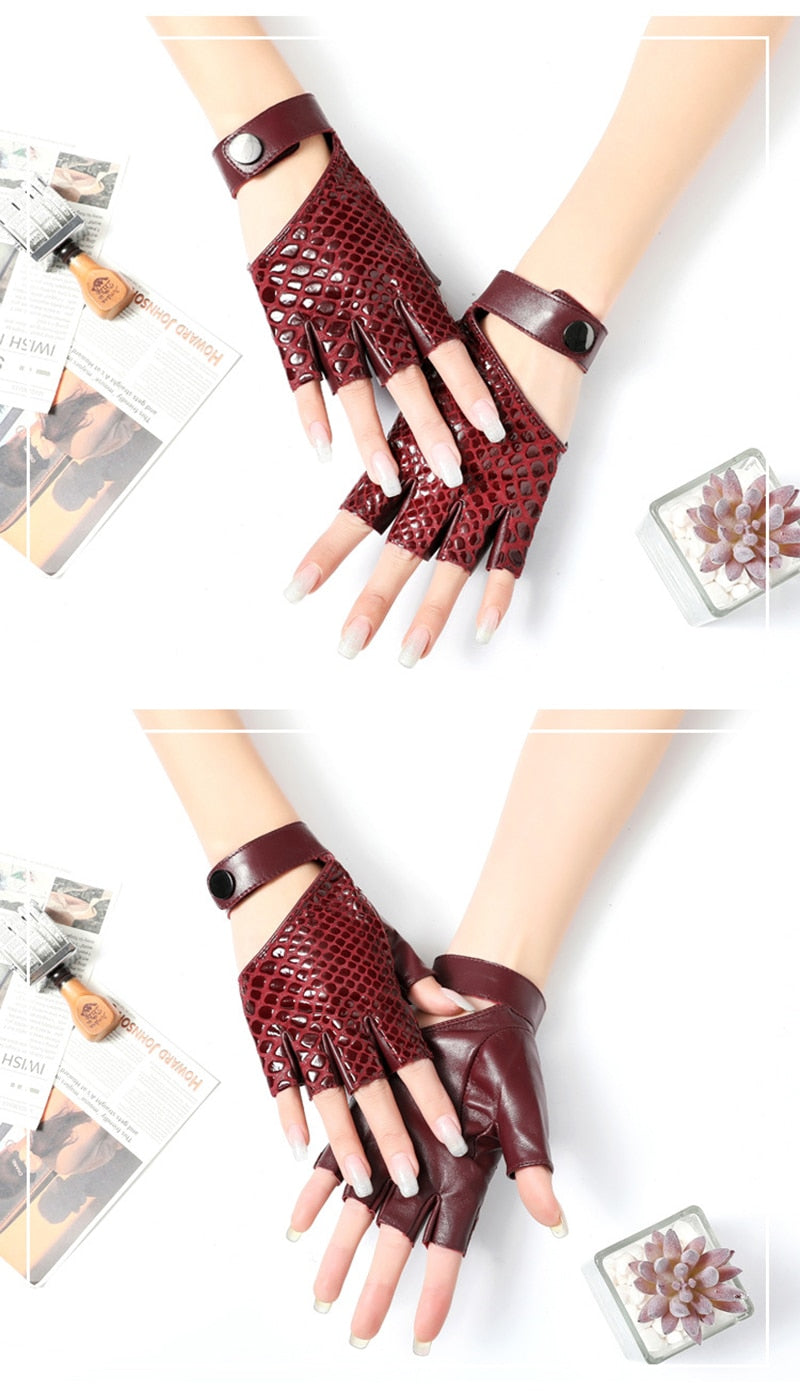 Womens Snakeskin Fingerless Leather Gloves