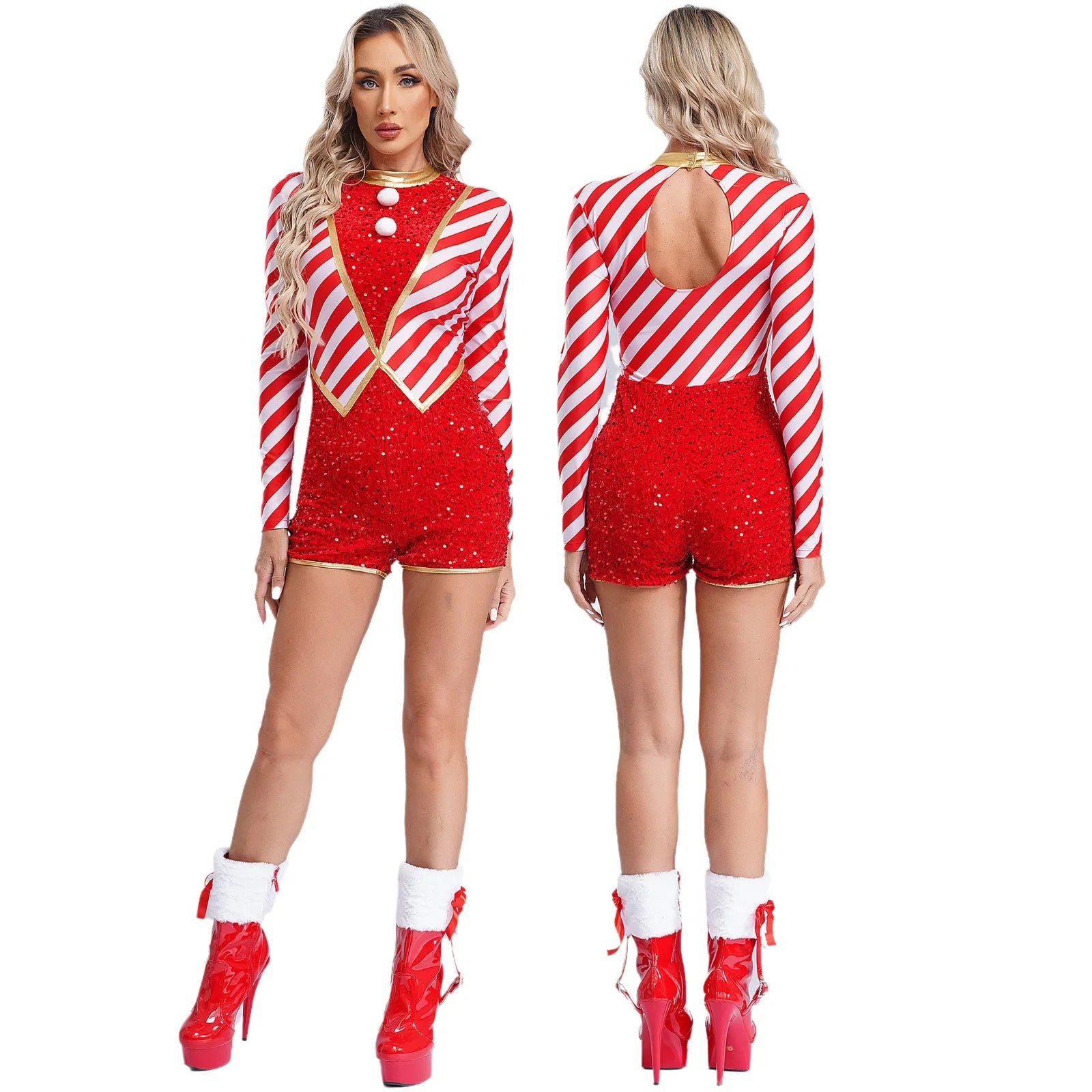 Women's Candy Cane Jumpsuit Costume