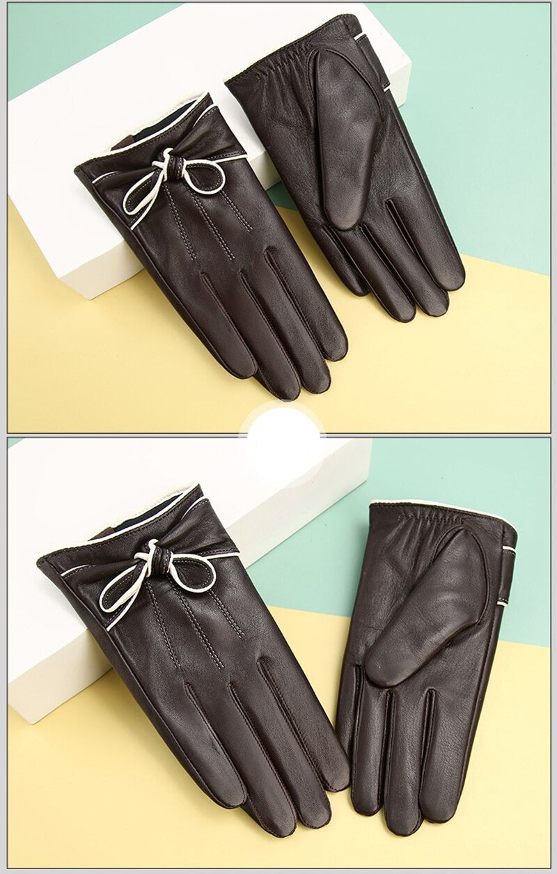 Winter Leather Gloves With Bow